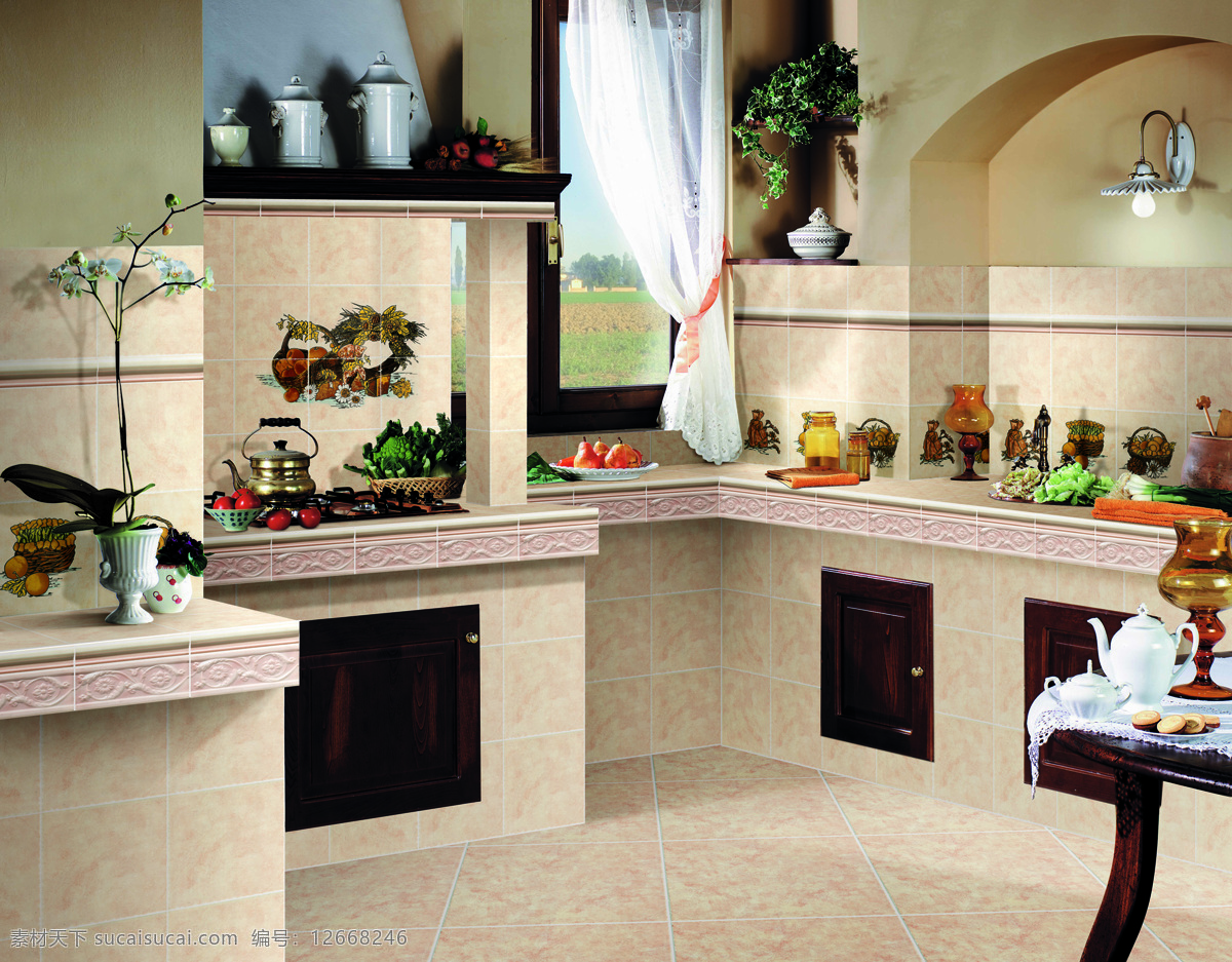 室内设计 效果图 厨房 窗帘 环境设计 复古瓷砖 家居装饰素材 室内装饰用图