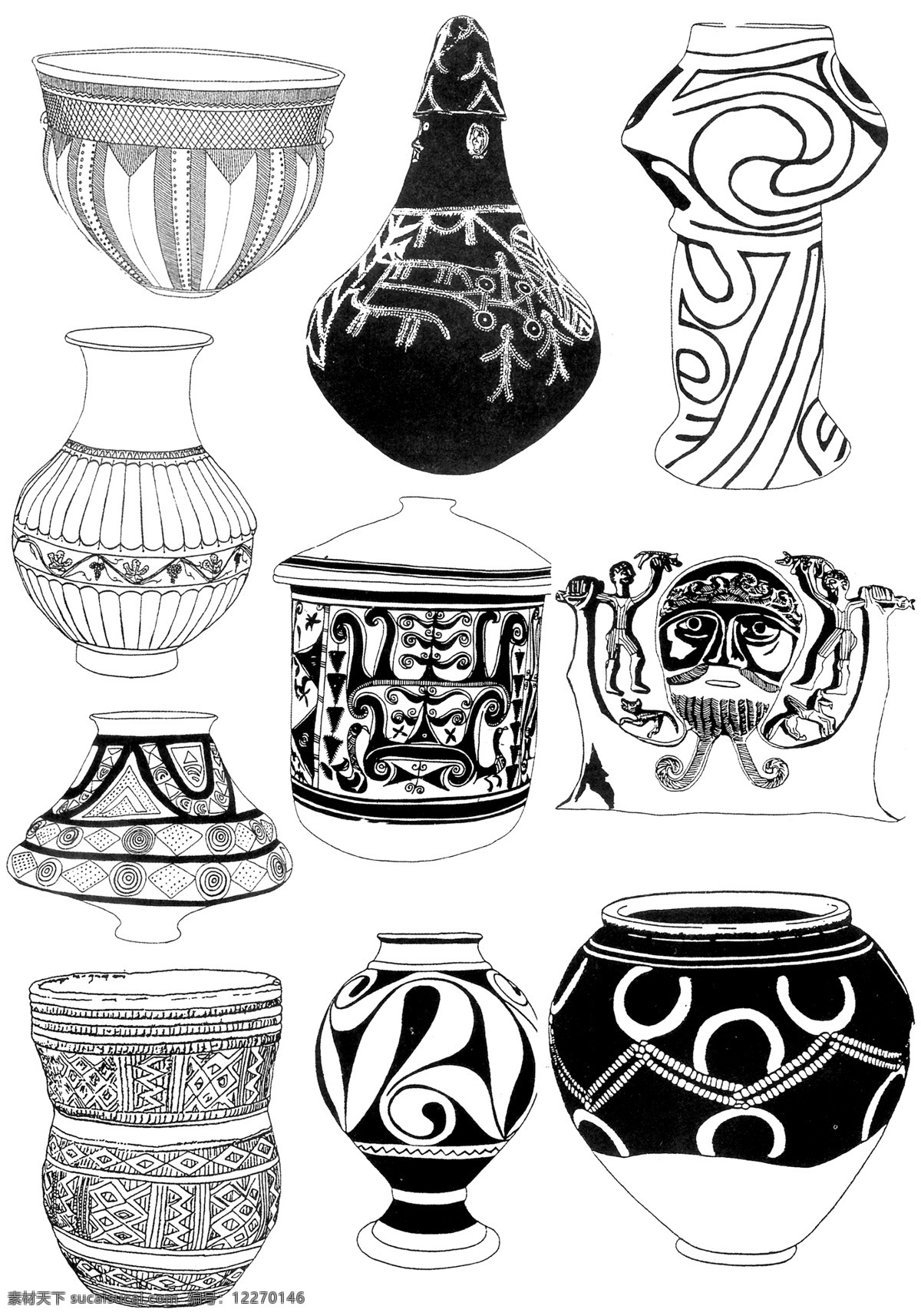 陶器瓦罐纹样 陶器纹饰 几何纹 抽象花纹 瓶罐形状 早期艺术装饰 背景底纹 底纹边框