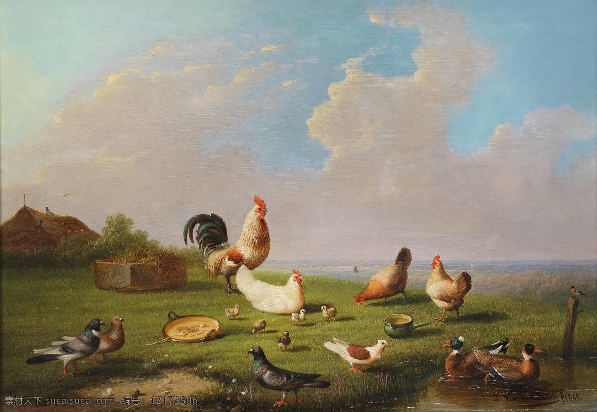 小河边 草地 公鸡母鸡 小鸡雏 鸽子 绿头鸭戏水 乡村 19世纪油画 油画 文化艺术 绘画书法