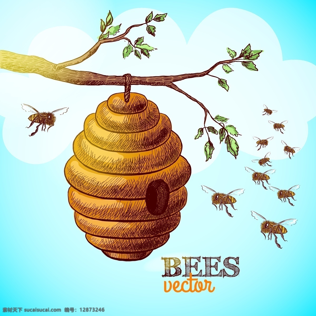 树上的蜂巢 树上 蜂巢 模板下载 卡通蜜蜂 蜜蜂插画 树枝 餐饮美食 生活百科 矢量素材 白色