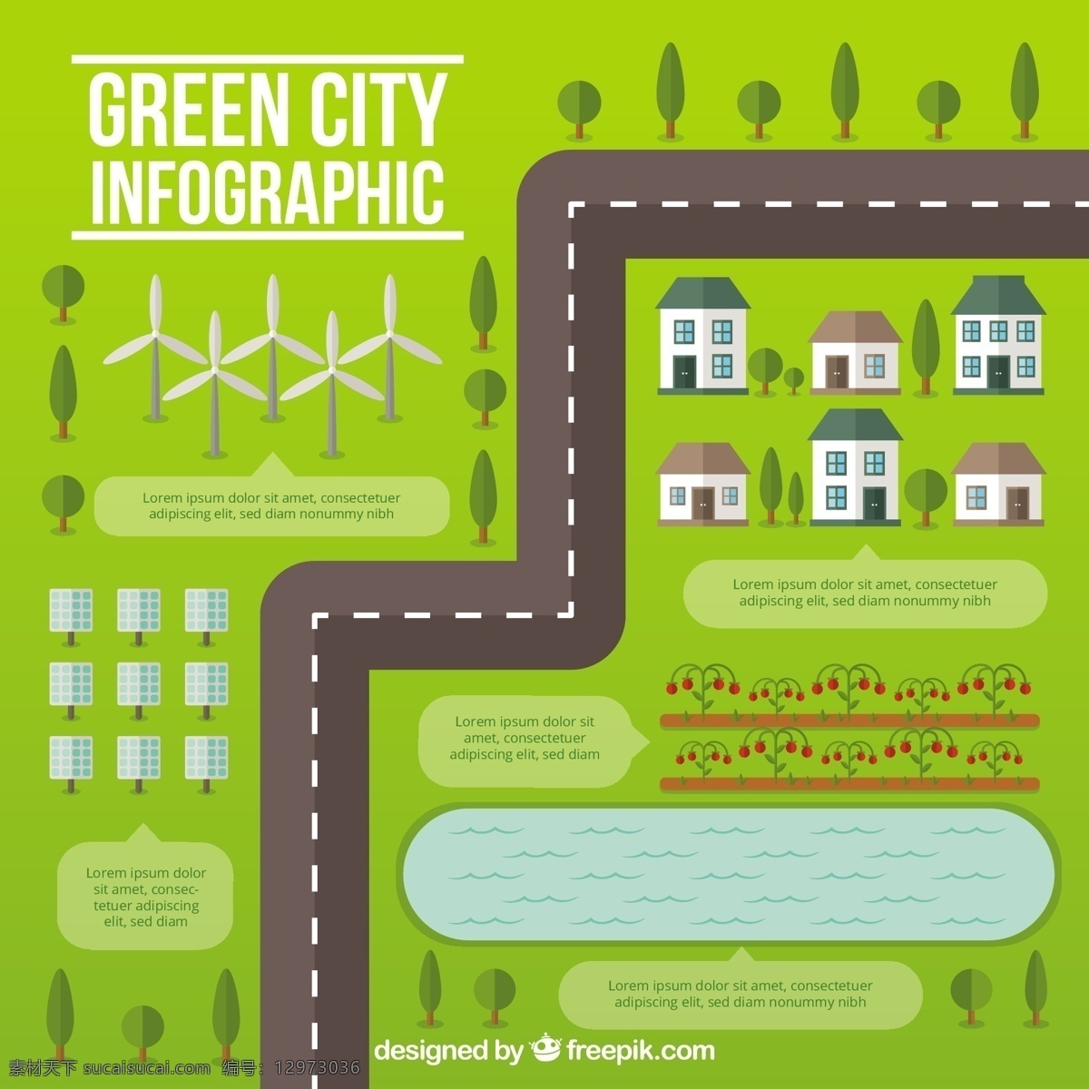 平坦 道路 infography 绿色 城市设计 图表 水 房子 城市 自然 路 平 蔬菜 图形 生态 能源 有机 树木 植物 图 平面设计 信息