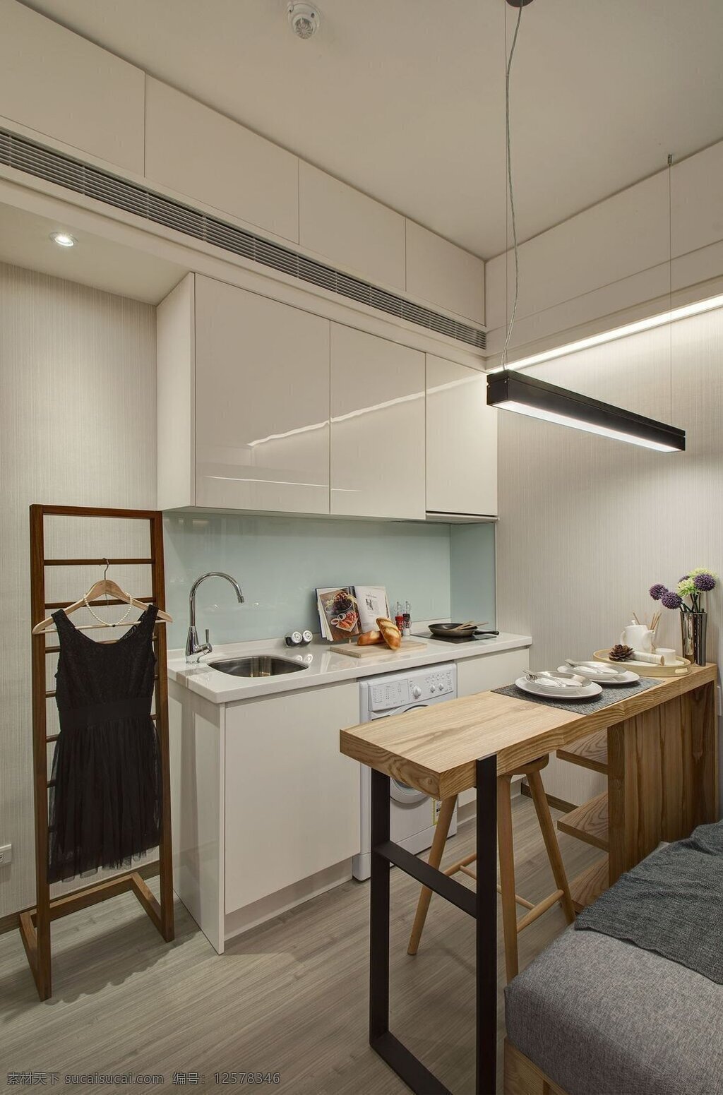 清新 简约 风 室内设计 厨房 吧台 效果图 现代 料理台 白色 调 壁柜 吊柜 家装