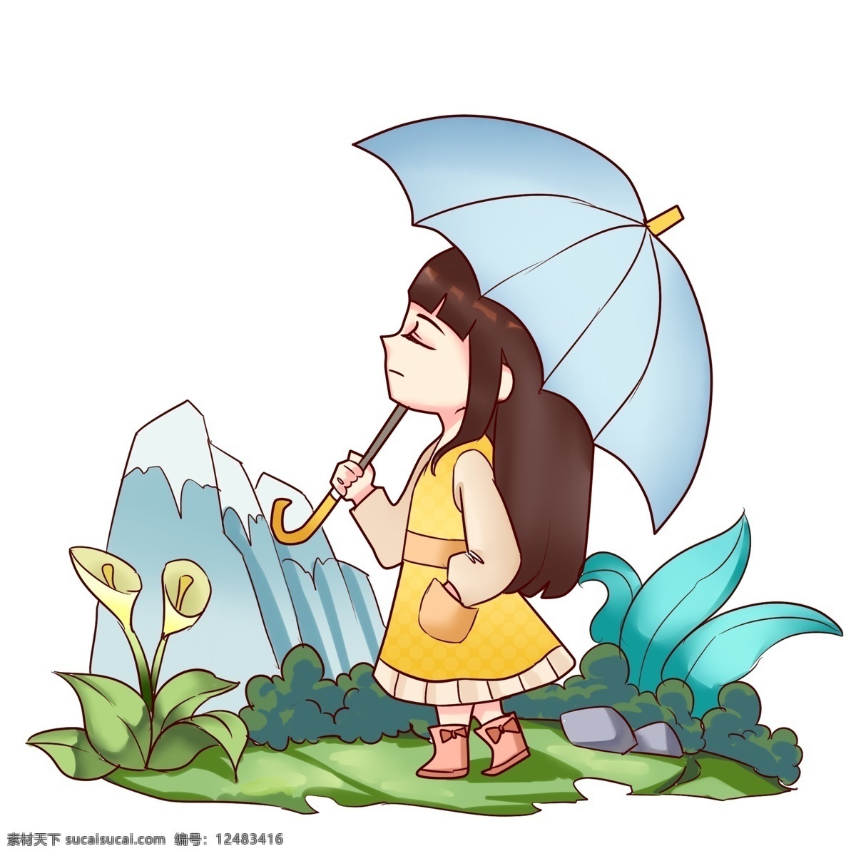 清明节 打伞 小女孩 人物 插画 打伞的小女孩 蓝色的雨伞 蓝色的叶子 植物装饰 卡通人物