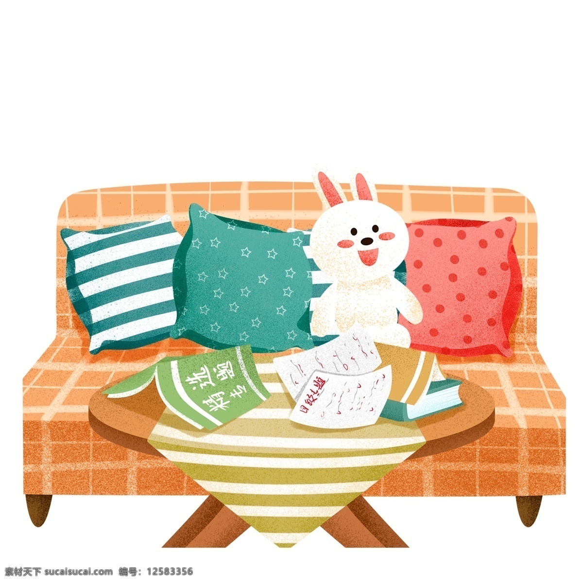 彩绘 沙发 桌子 元素 小清新 家居 兔子玩偶 插画元素