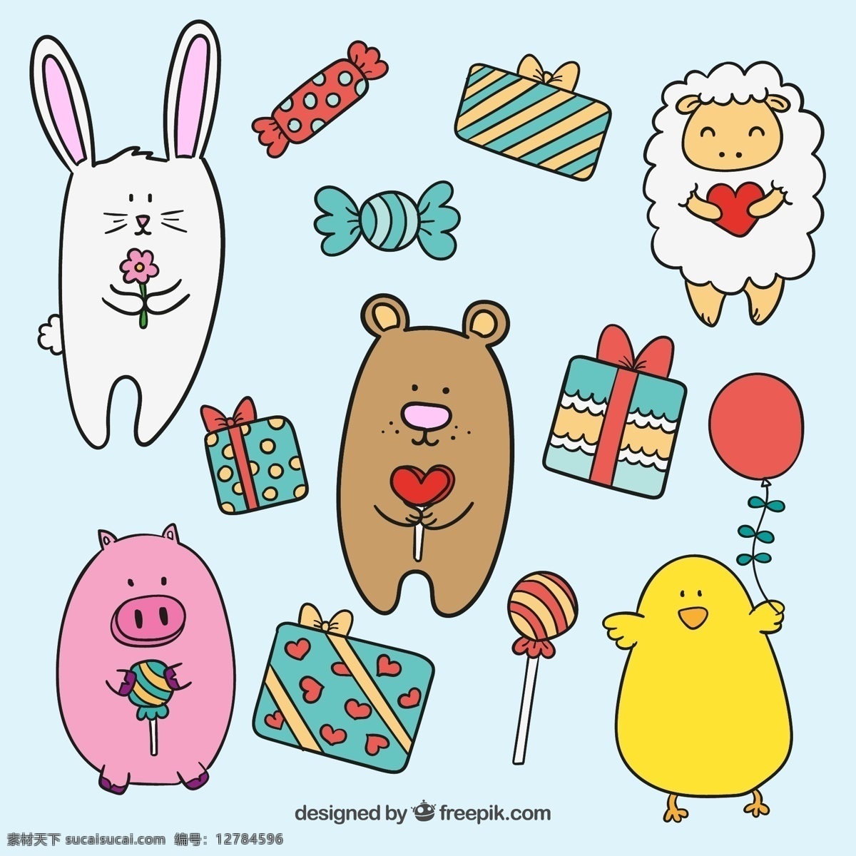 动物与礼盒 玩偶 糖果 礼盒 兔子 熊 鸡 羊 猪 气球 动物 礼物 矢量图 卡通动物 礼盒无缝背景 平面素材