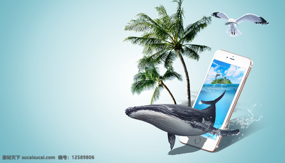 鲸鱼 椰子树 海鸥 创意 背景 背景素材