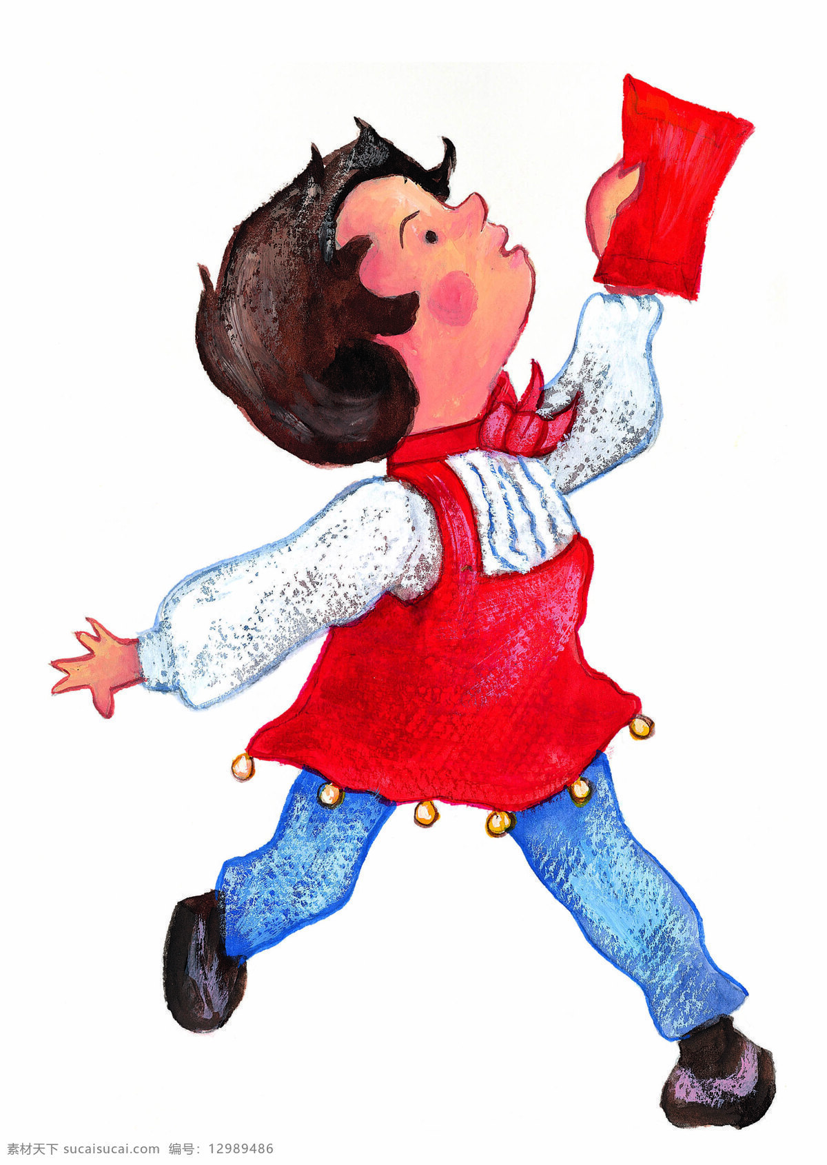 红包 小女孩 插画 传统文化 儿童画 高兴 红裙子 水彩画 小孩 白衬衫 红利是 短头发 文化艺术