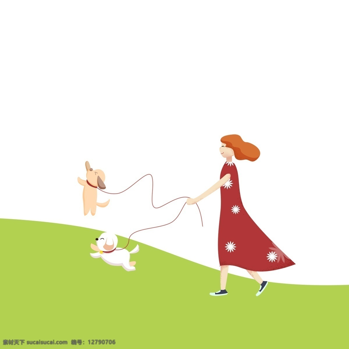卡通 小女孩 溜 狗 免 抠 图 绿色植物 新鲜草地 植物 叶子 绿色生态 两只小狗 免抠图