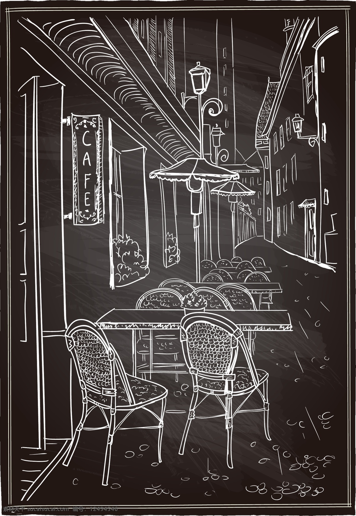 黑白 风格 餐厅 场景 插画 手绘 速写 餐桌椅
