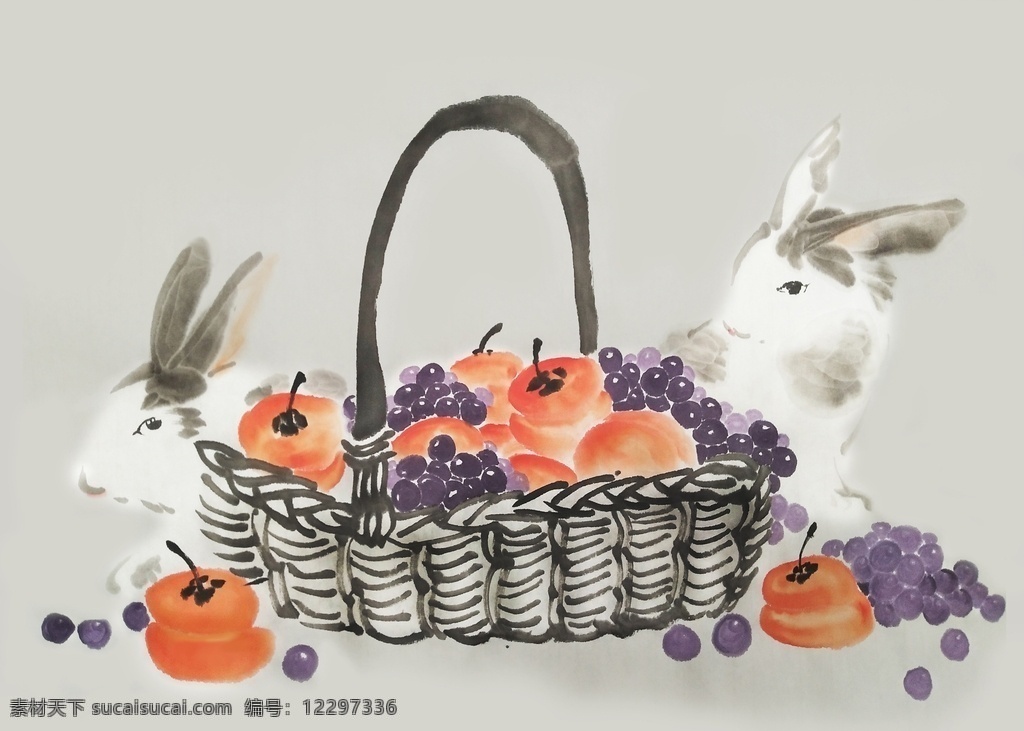 兔子 柿子 水彩 复古 背景 海报 素材图片 古风背景