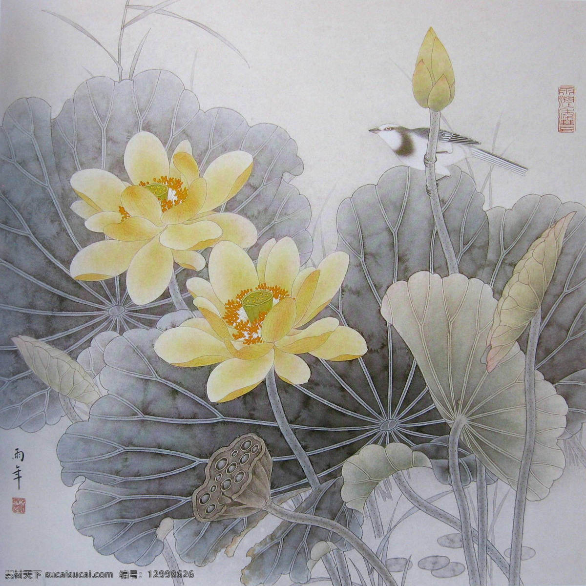 工笔荷花 工笔画 国画 中国画 工笔彩墨画 彩墨工笔画 花鸟国画 花鸟画 国画花鸟 彩墨花鸟国画 书法 大师作品 风景画 荷花 植物 荷叶 小鸟 池塘 动物 绘画书法 文化艺术