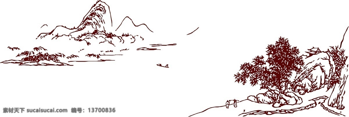 山水远山水岸 山水 水岸 树 远山 船 人 矢量 线描 线描山水 自然景观 自然风光