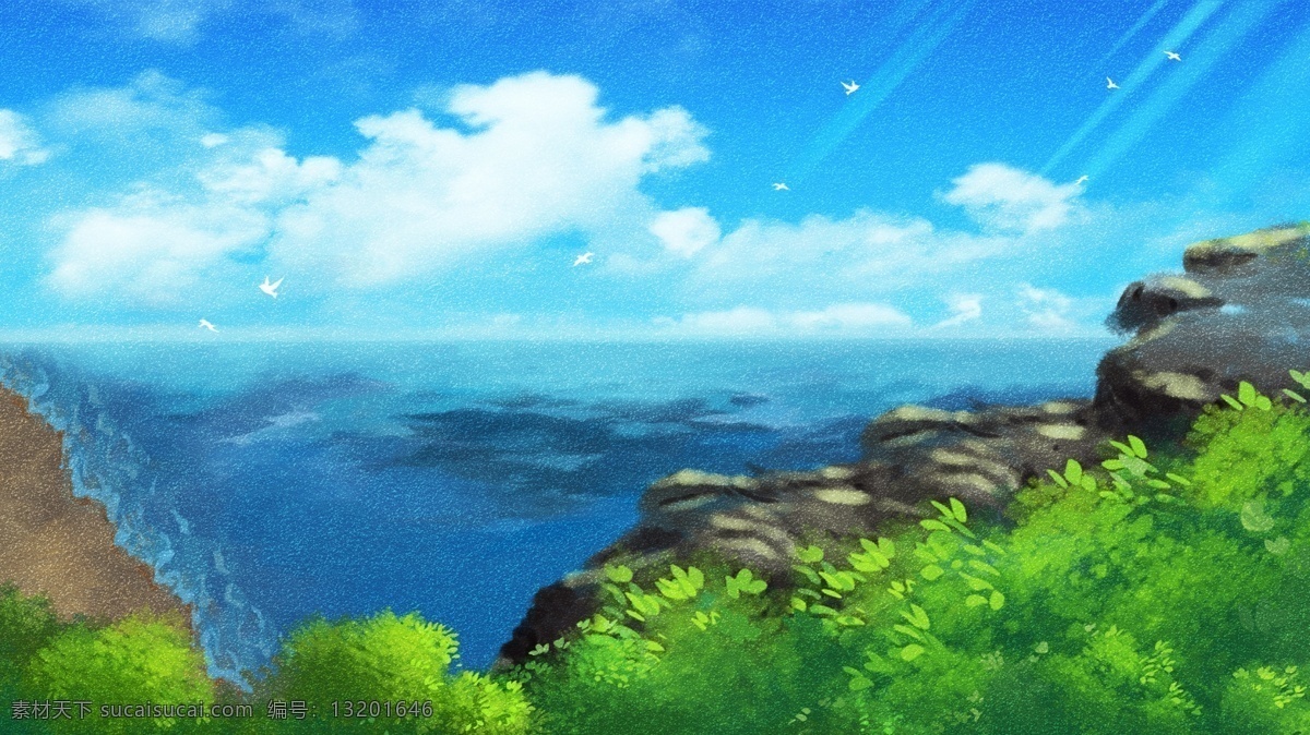 唯美 手绘 山水风景 插画 背景 治愈系背景 插画背景 植物背景 草地背景 绿地背景 蓝天白云 河边