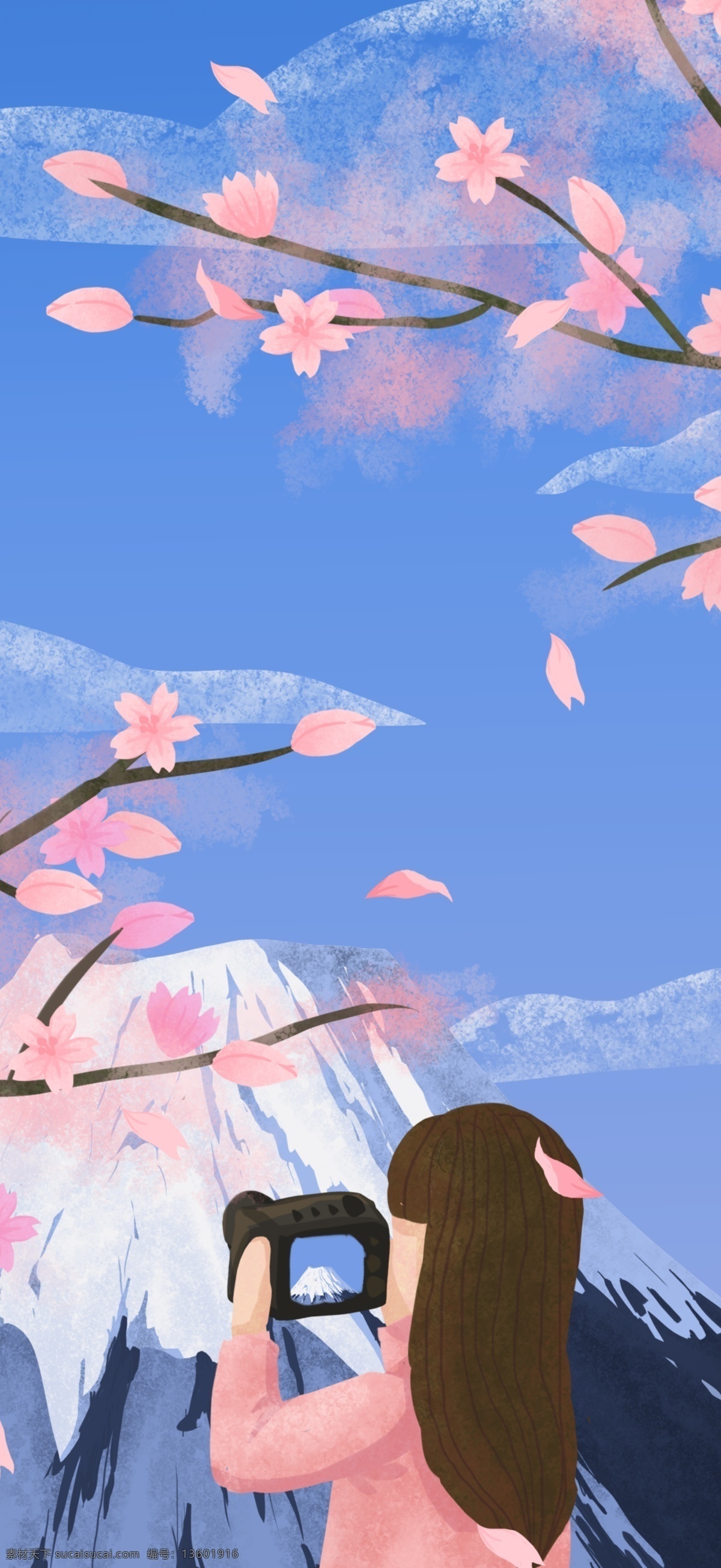 原创 2019 日历 月 富士 山下 女孩 清新 插画 春天 蓝色 微信 3月 三月 月历 富士山 下 樱花 树 拍照 雪山 春季 粉色 白色 朋友圈 微博 配图 插图 相机 简约 旅行 日本 背影 长发