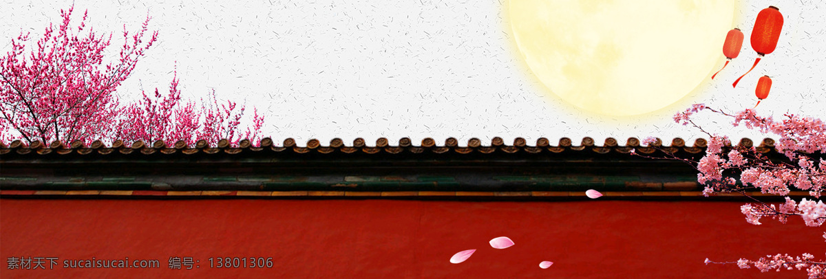 粉色 花朵 屋檐 淘宝 全 屏 banner 背景 中国风 红色屋檐 粉色花朵