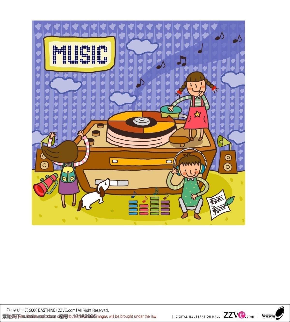 矢量 幼儿 卡通画 music 儿童漫画 卡通男孩女孩 矢量图库 听音乐 日常生活