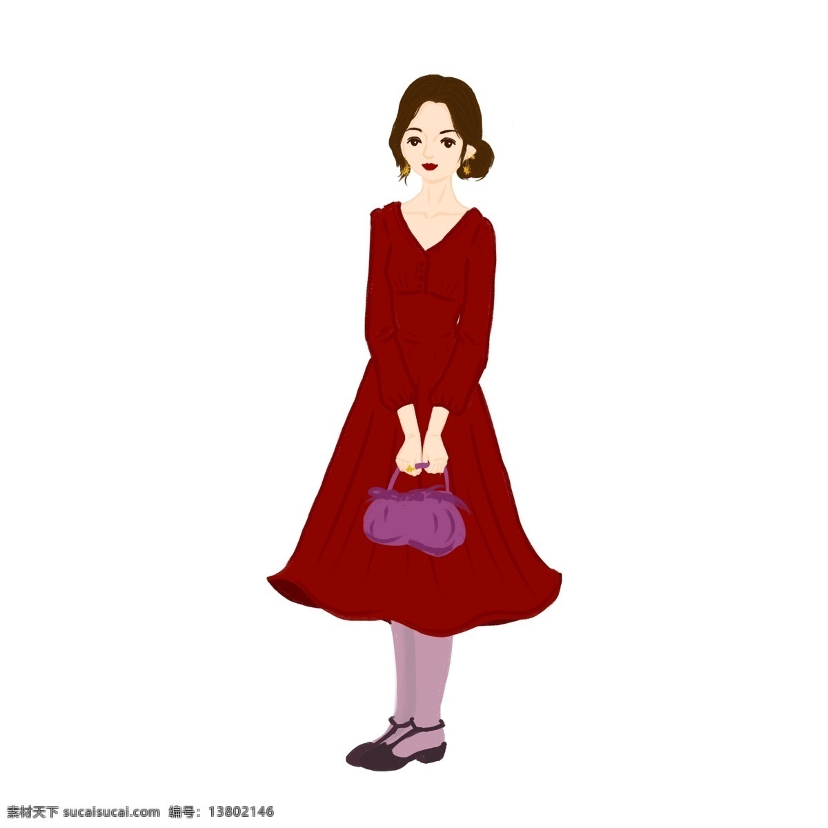 手绘 人物 穿 复古 红 裙 红唇 女生 商用 元素 连衣裙 元素图标 复古红裙 复古红唇