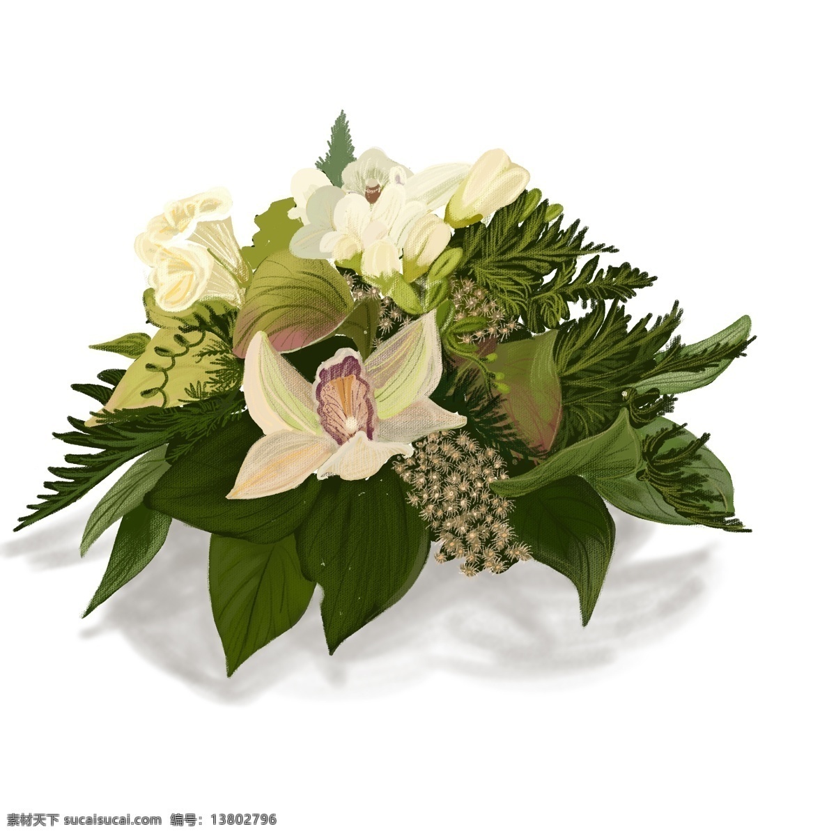 简约 清新 手绘 风 植物 元素 花卉 绿色 百合花 商用 插花