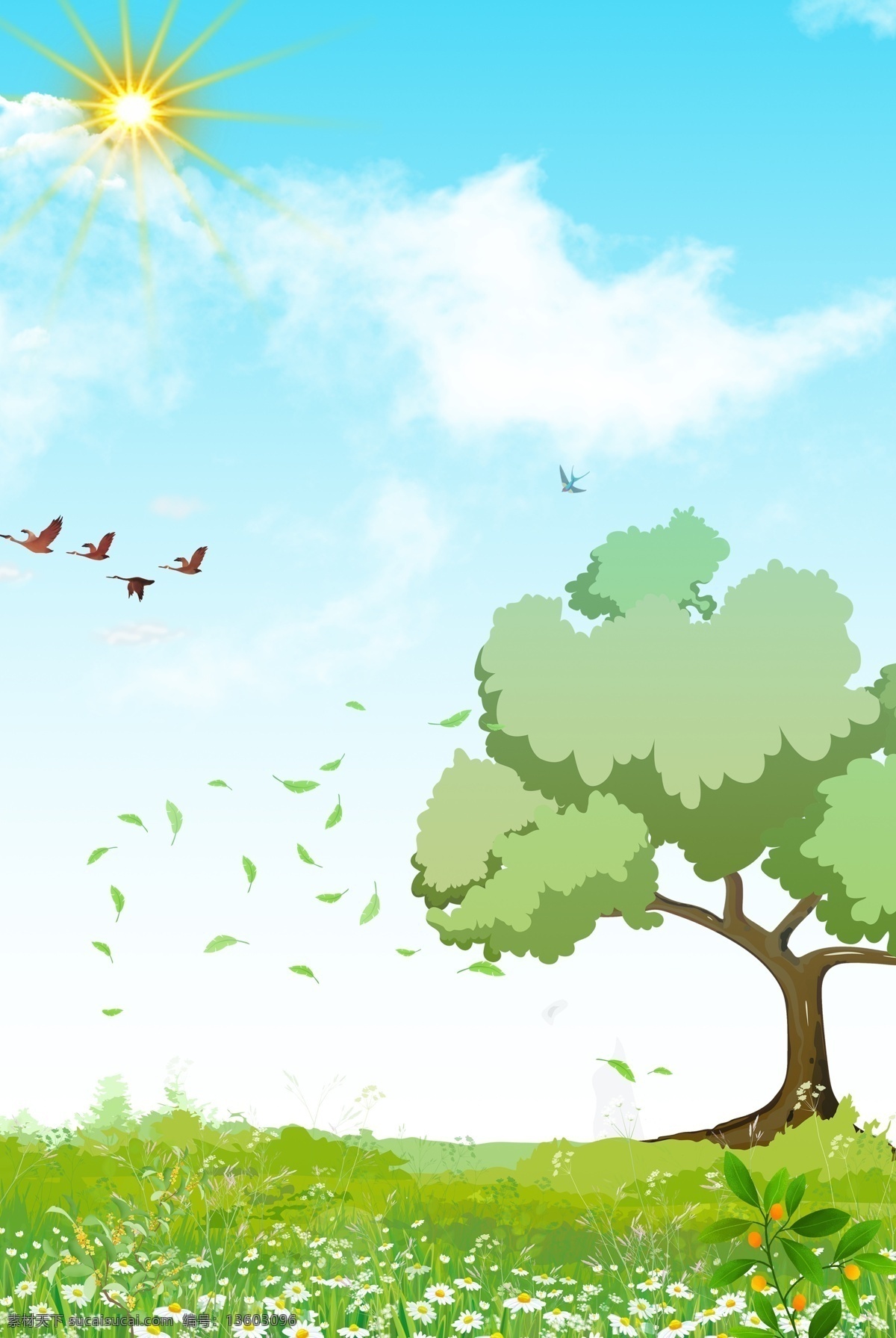 简约 春天 背景 banner 草 树 鸟 蓝天 白云 花 绿色