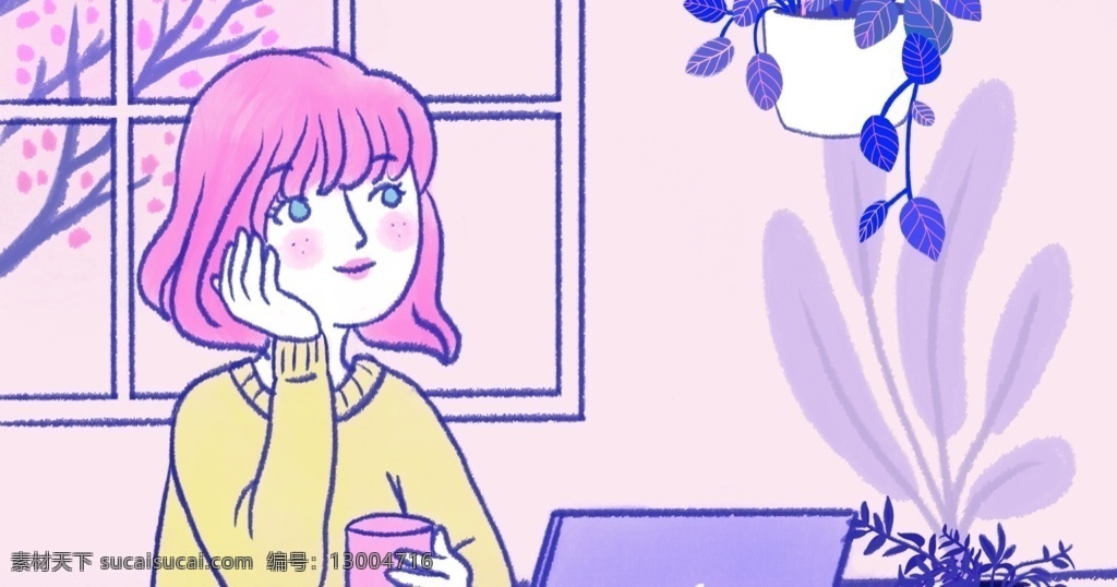 思考的女孩 电脑 女孩 喝水 窗户 梅花 插画 动漫动画 动漫人物
