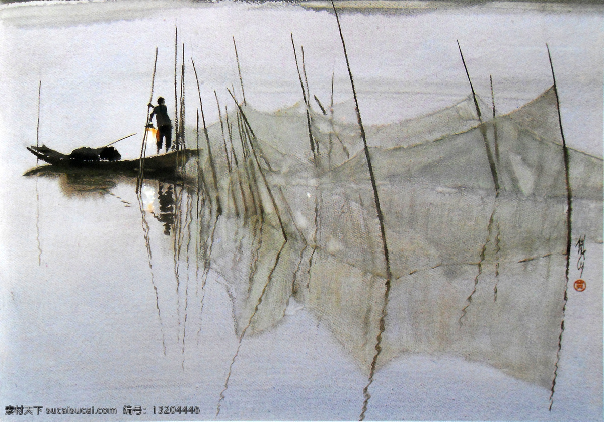 水彩画 洞庭渔光曲 水彩 风景 水彩风景画 洞庭湖 湖 湖面 水面 船 渔船 渔民 倒影 渔网 黄铁山 黄铁山水彩画 绘画书法 文化艺术