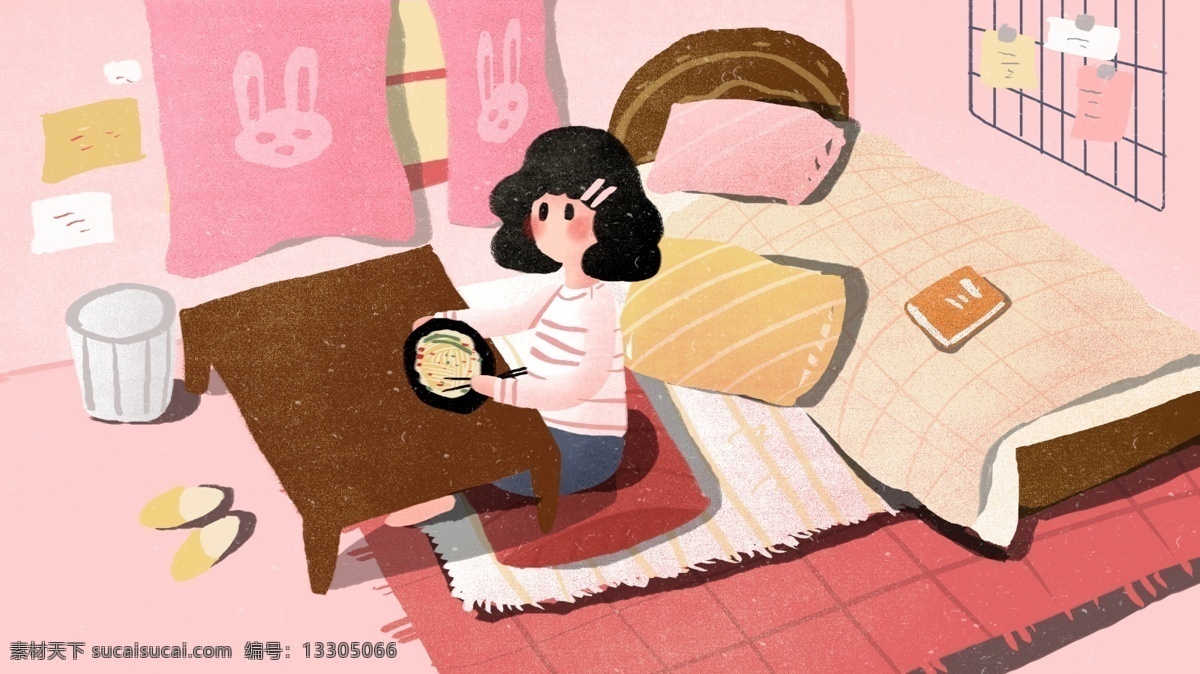 卧室 里 吃饭 少女 卡通 背景 房间 粉色