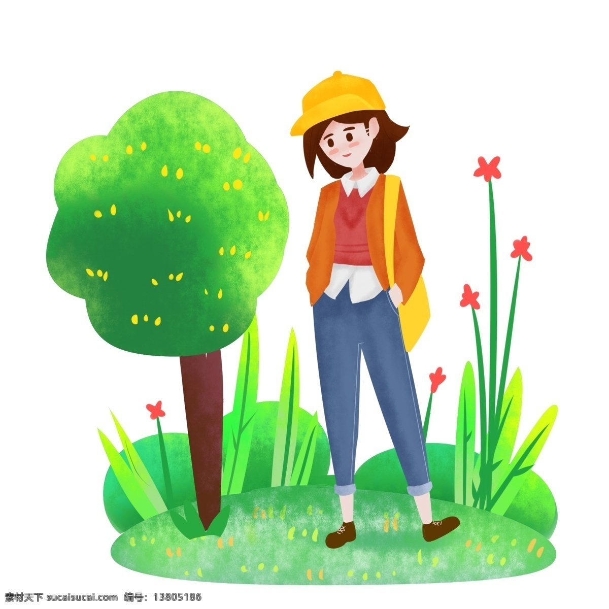 戴 小黄帽 春游 女孩 插画 春游的女孩 踏青 绿色植物装饰 黄色的小帽子 红色花枝 绿色小树 春天 春季