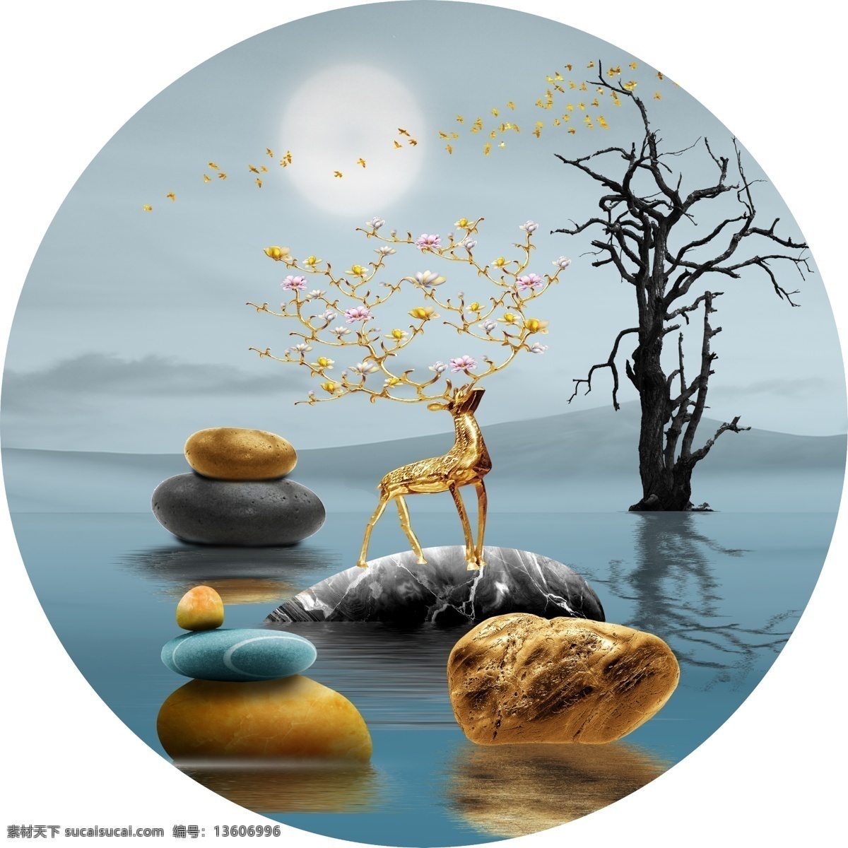 金鹿夜景图片 金鹿 夜景 湖色 湖水月亮 大石头 文化艺术 传统文化