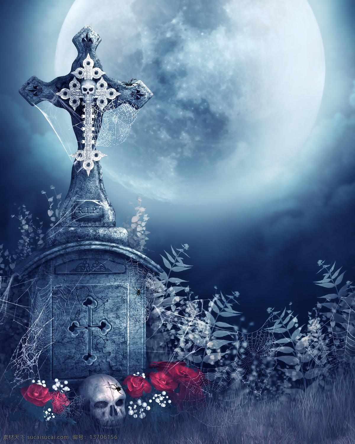 恶魔 十字架 骷髅头 玫瑰花 月光 蜘蛛网 荒凉 童话的景色 背景图片