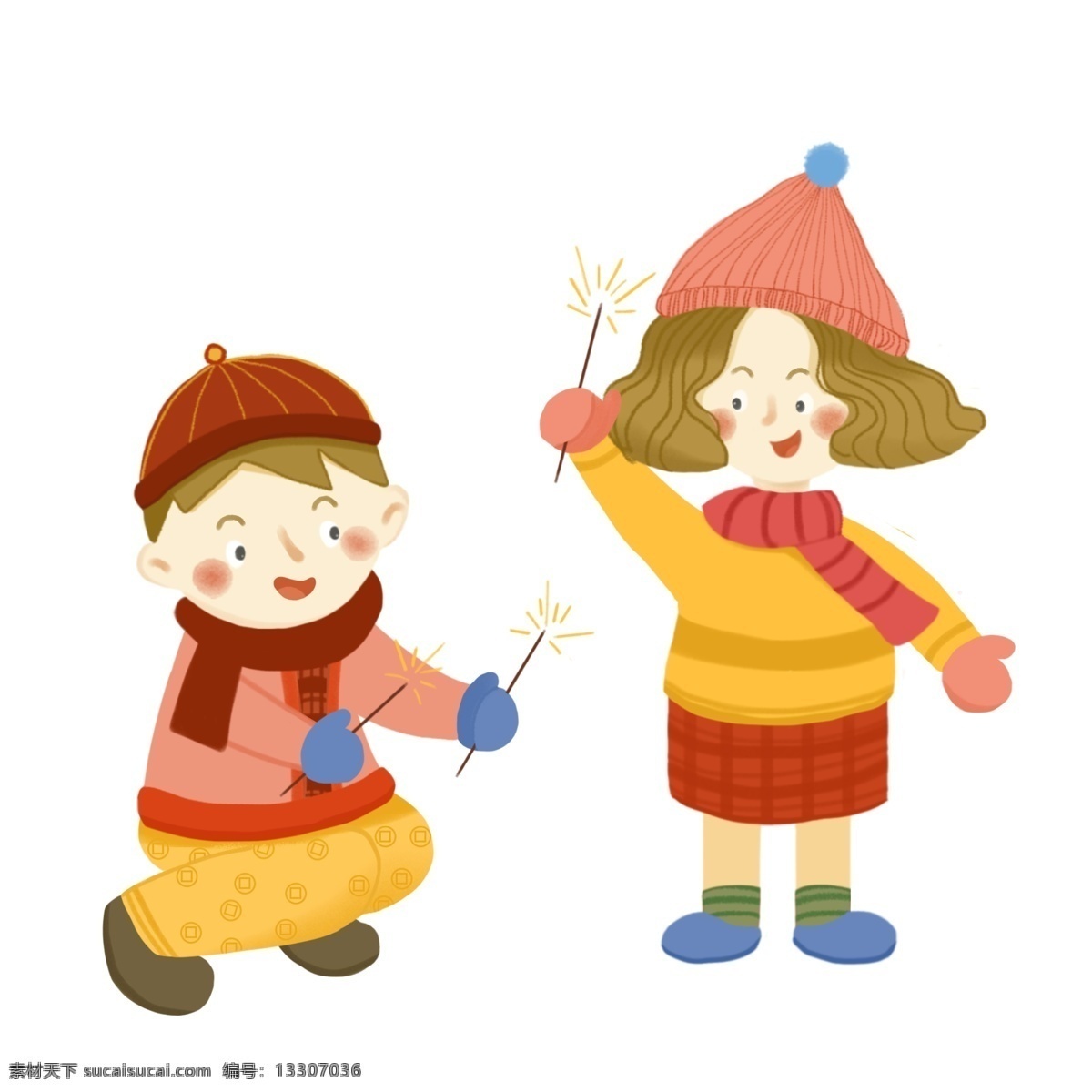 新年 2019 年 男孩 女孩 放 烟火 欢笑 庆祝 过年 春节 喜庆 卡通人物形象 装饰画 2019年 中国传统节日 放烟火 男孩女孩系列 过节