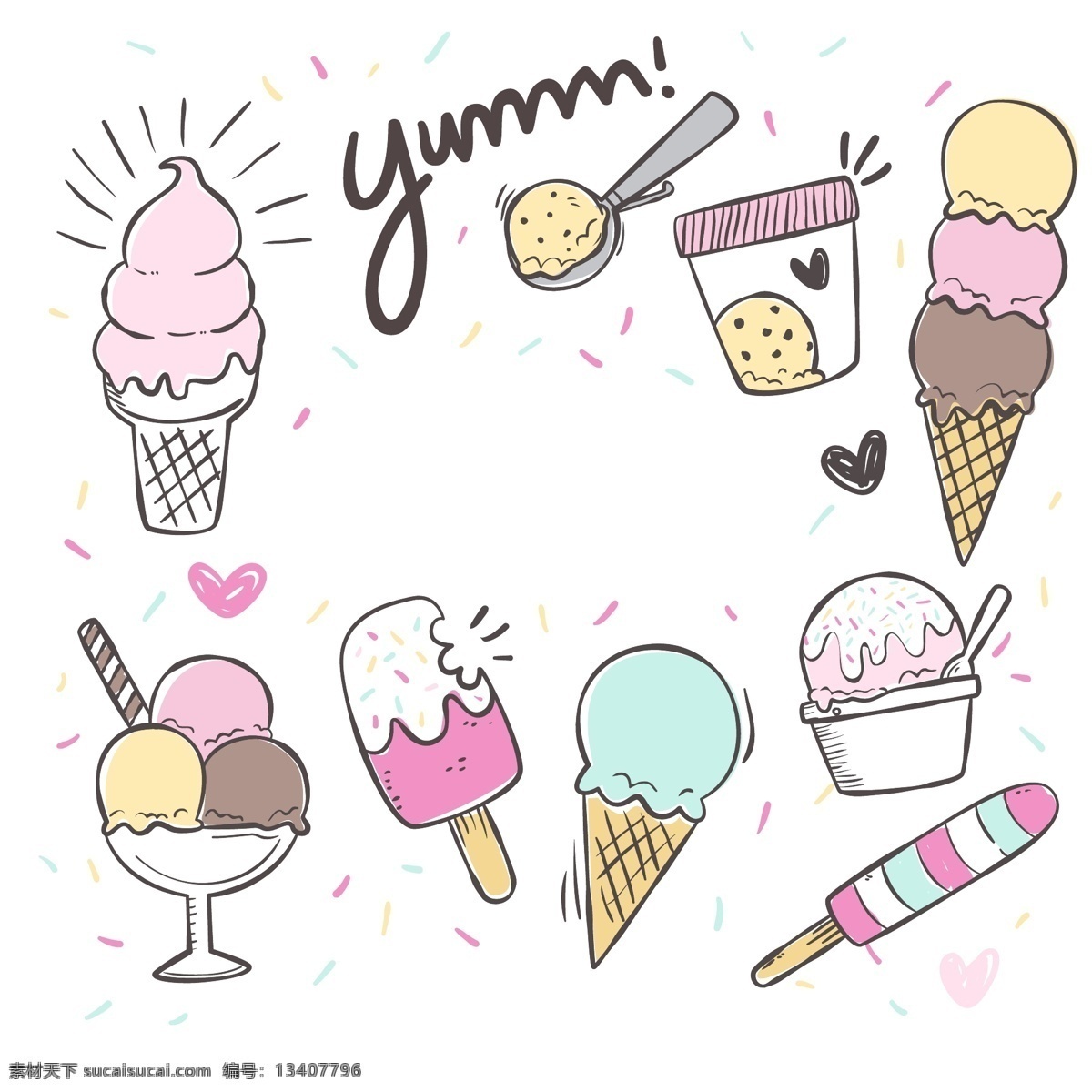 卡通 手绘 风格 冰淇淋 甜筒 插画 可爱 雪糕 彩色冰淇淋 冰淇淋球 冰淇淋勺