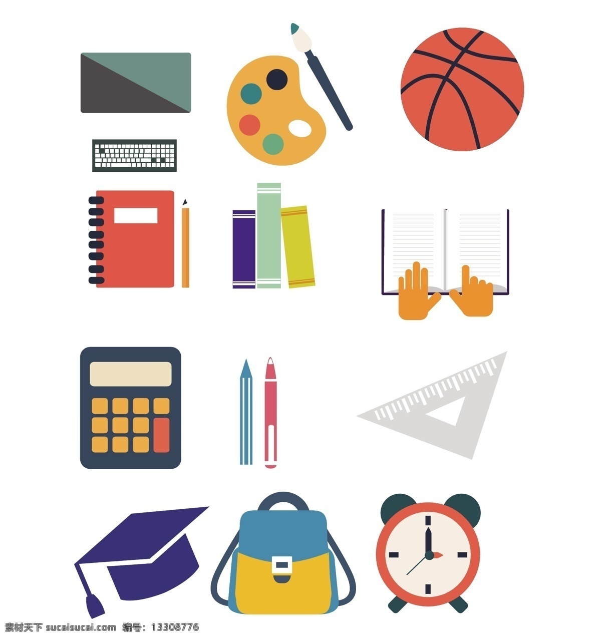 手绘 学习用品 小 图标 矢量图 卡通 可爱的 文具 学生用品 小图标 电脑 画笔 画板 铅笔 篮球 计算器 闹钟 书包 背包 三角尺