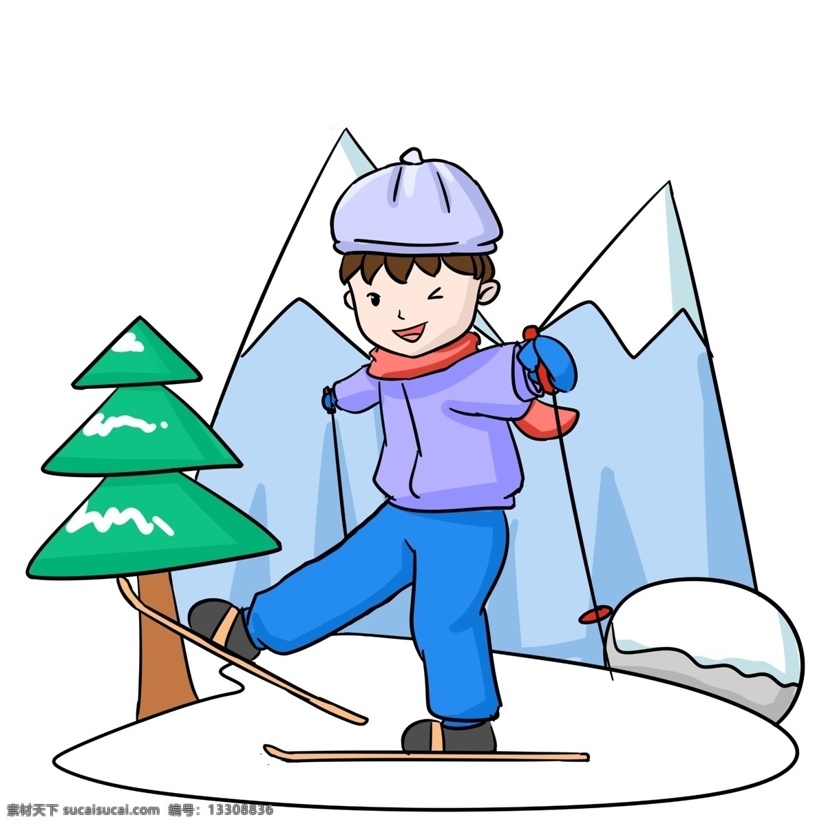 冬季 旅游 男孩 滑雪 卡通 雪山 松树 绿色 植物 滑雪板 滑雪运动 冬天 冬季旅行 卡通人物 手绘图 雪峰