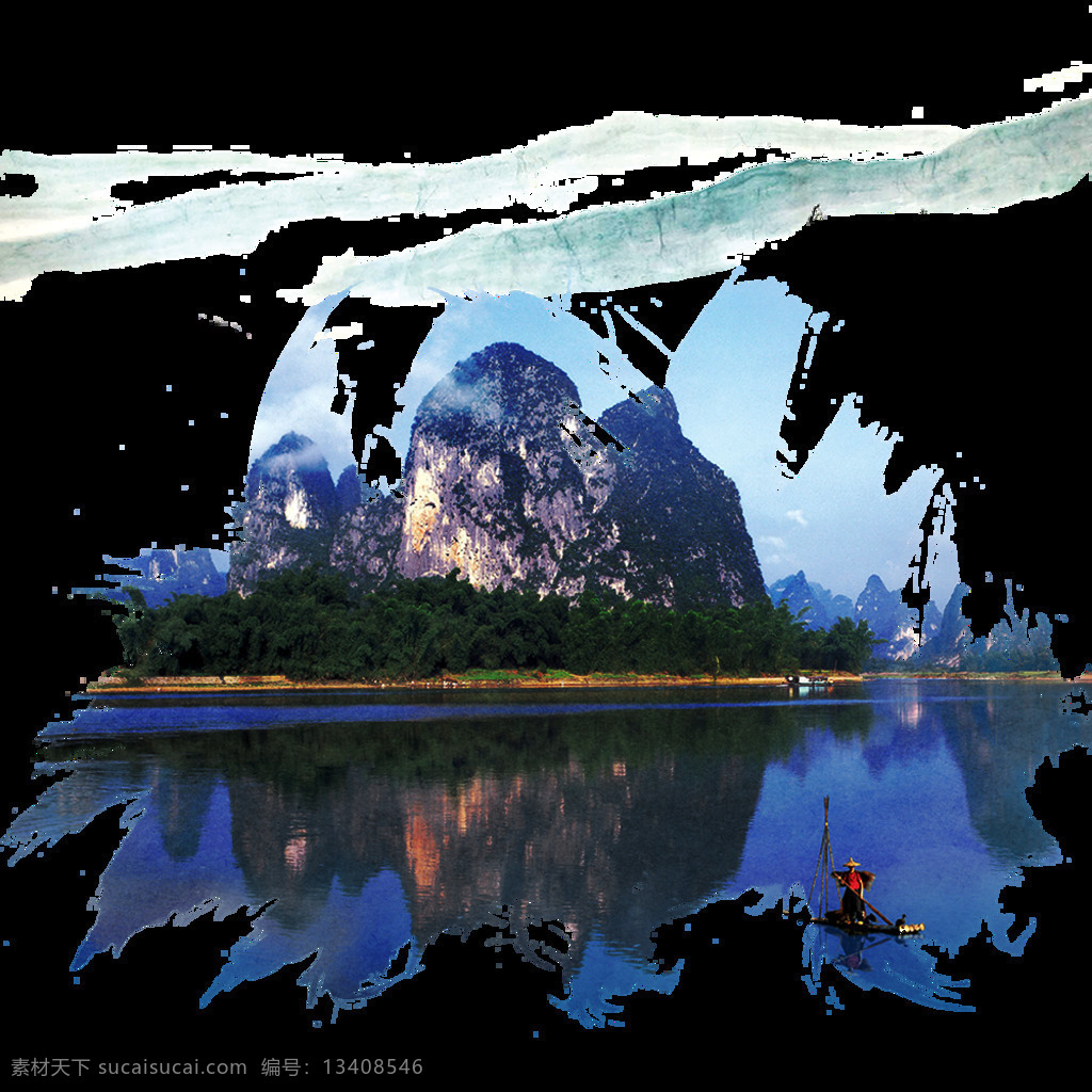 中国 风 镜面 湖 水墨 山水 装饰 元素 清新秀气 山水画 水墨画 中国风 装饰元素