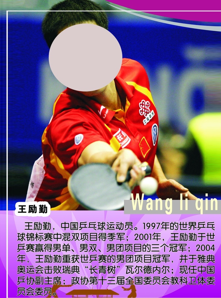王砺勤 乒乓球海报 乒乓球展板 乒乓球运动员 运动员简介 教练员简介 男乒队队员 中国队队员 国手 男单冠军 男双冠军 男团冠军 分层
