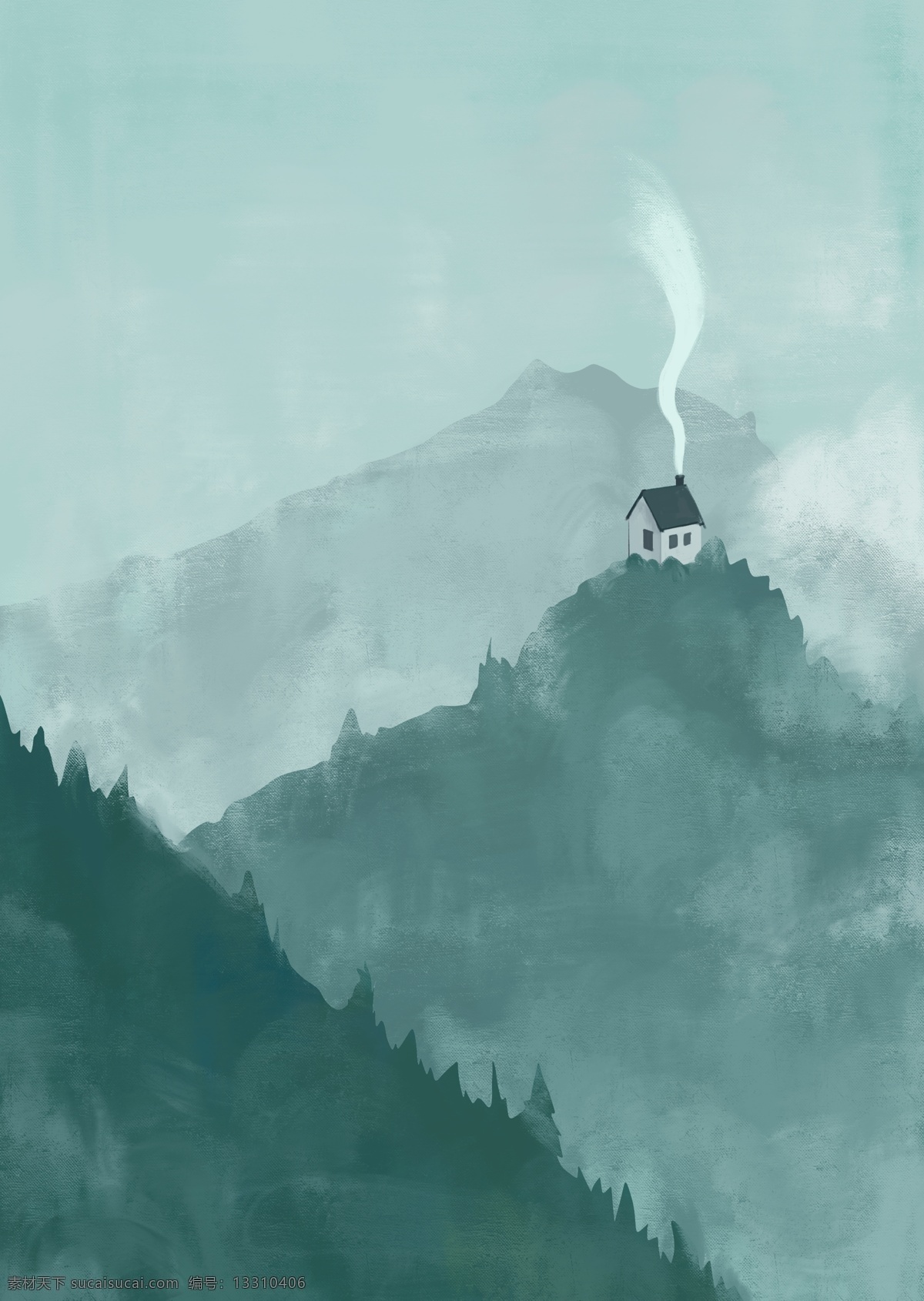 现代 简约 手绘 白云 深处 山间 景色 装饰画 云雾 静谧