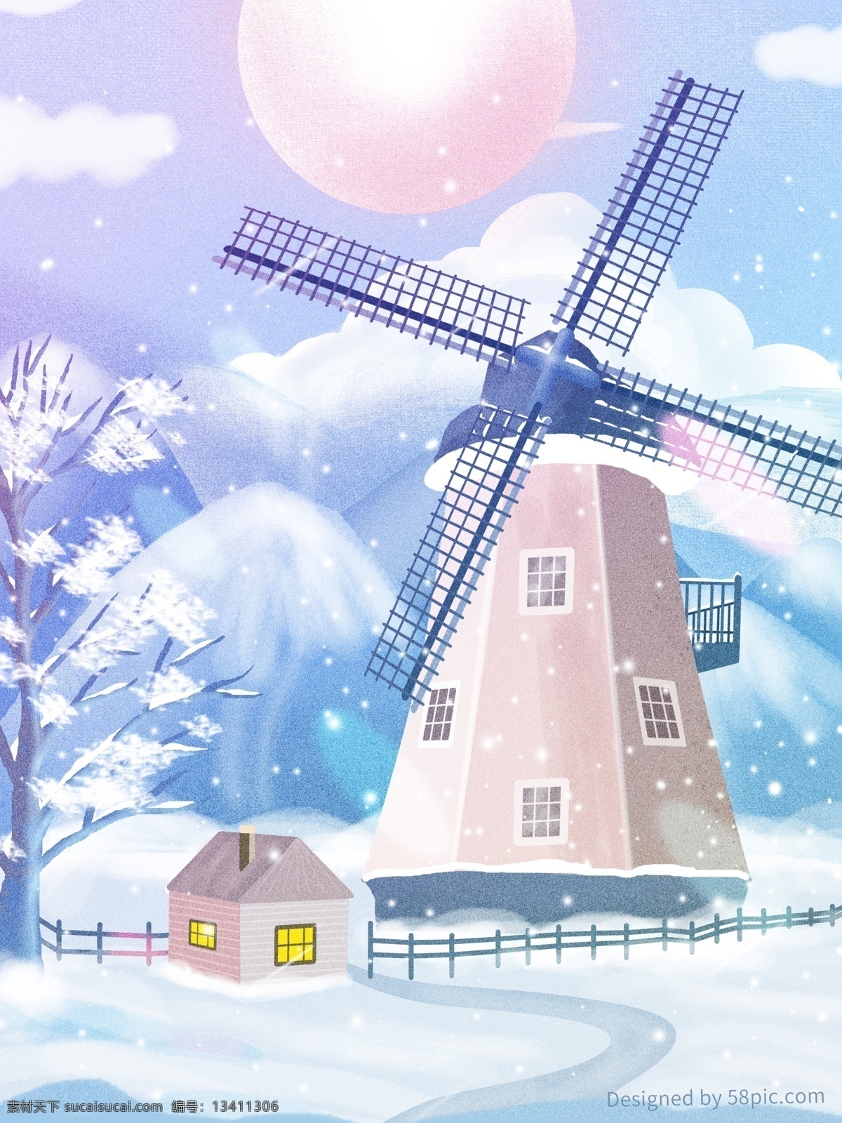 原创 冬季 风景 风车 雪景 唯美 插画 太阳 浪漫 云朵 下雪 景色 树 山 房屋