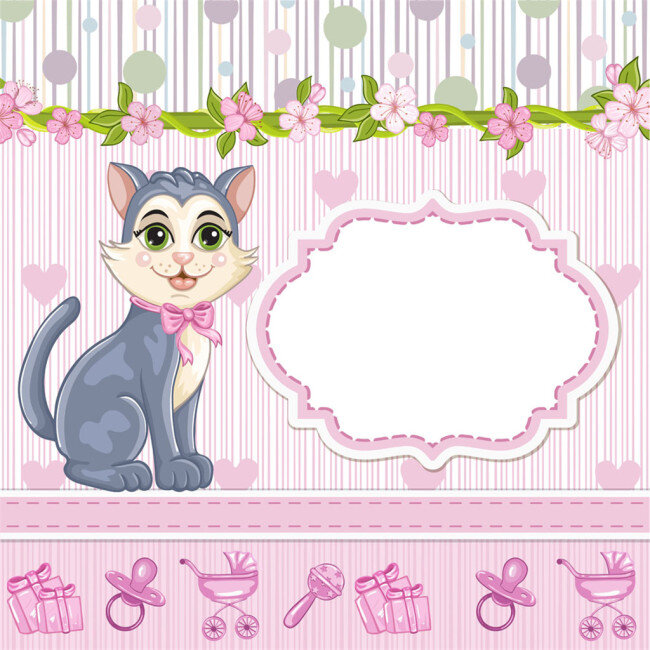小猫 婴儿用品 满月 请 贴 婴儿 请贴 温馨 粉色 花边