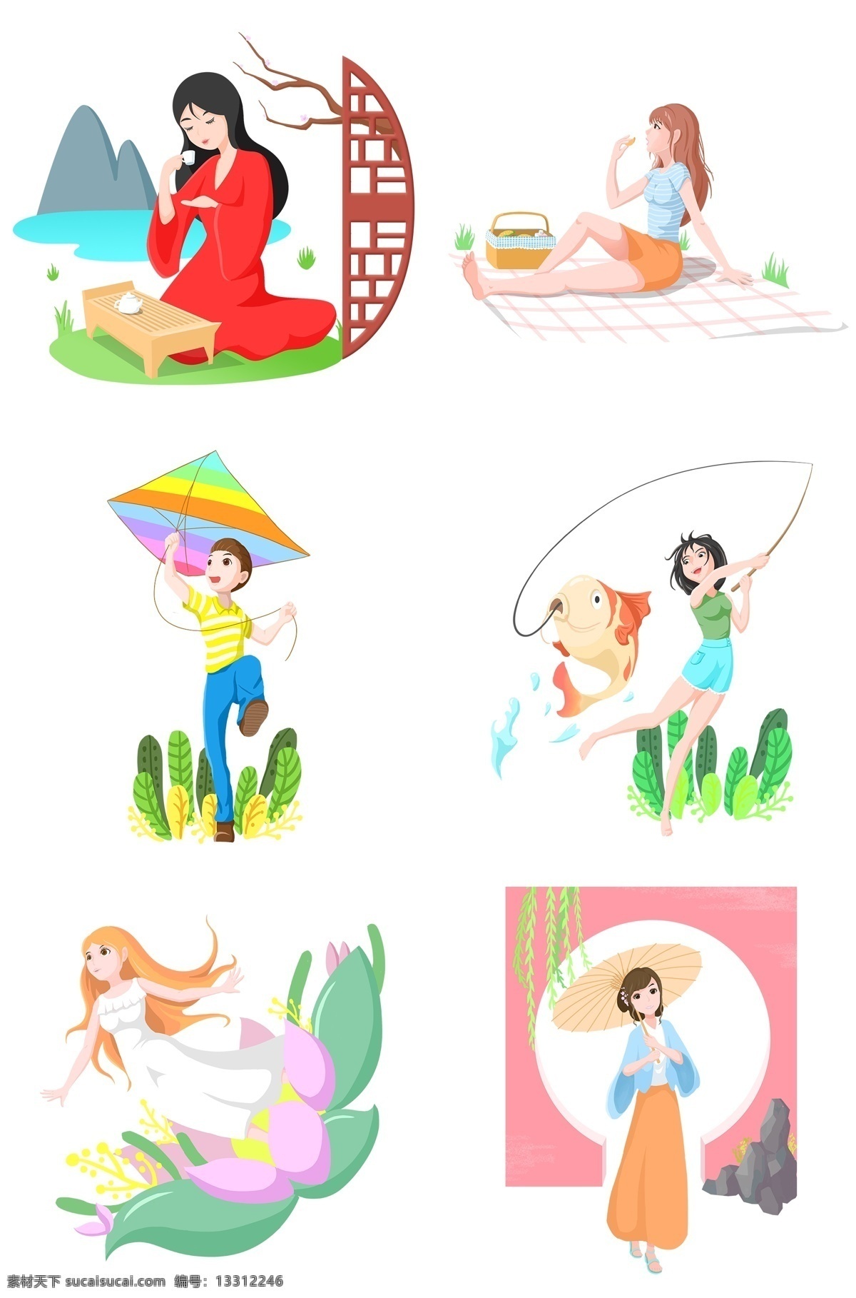 春游 踏青 插画 合集 漂亮的小女孩 钓鱼的小女孩 喝茶的小女孩 卡通人物 植物装饰