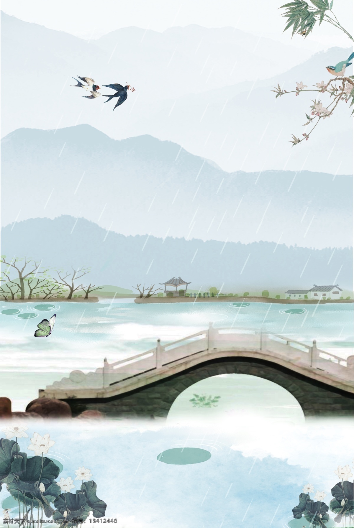 莫 兰迪 中国 风 清新 海报 莫兰迪 高级灰 简约 中国风 桥 燕子 山水