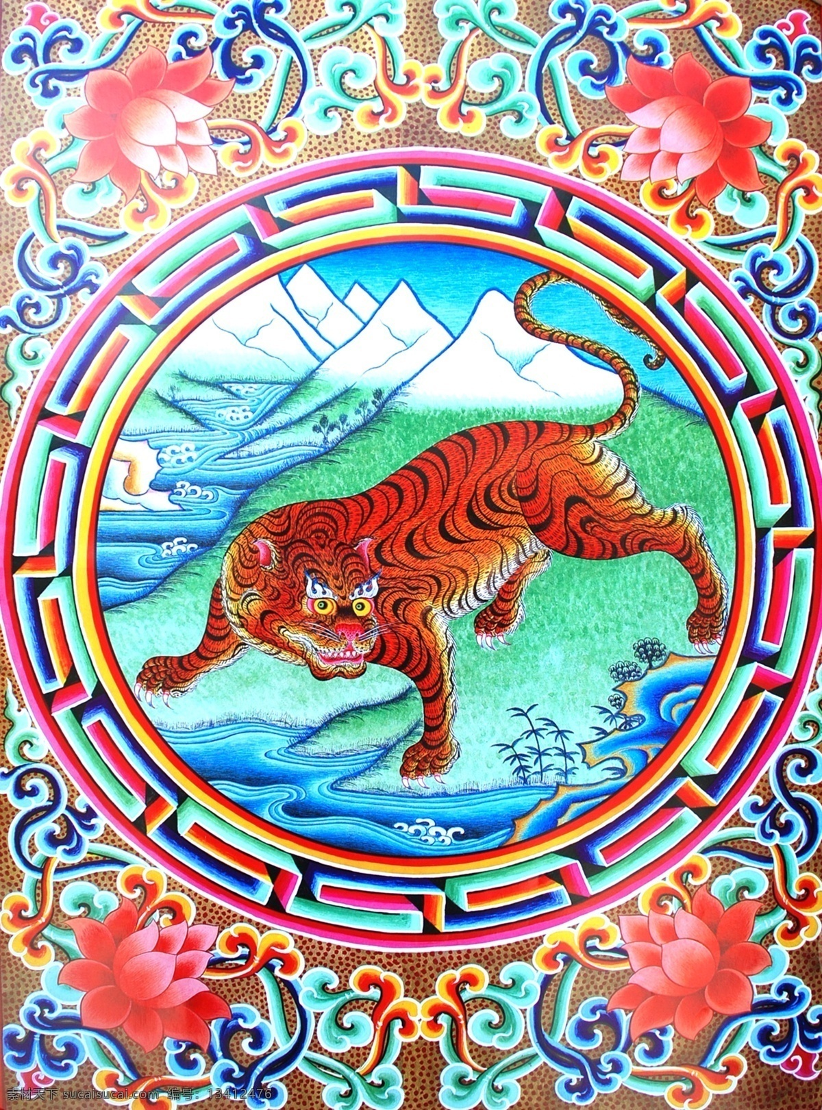 无框画 佛教 手绘 墙画 壁画 卧室画 绘画 吉祥 图案 藏族 宗教 和平 平安 宗教设计 藏族传统图案 老虎 绘画书法 文化艺术