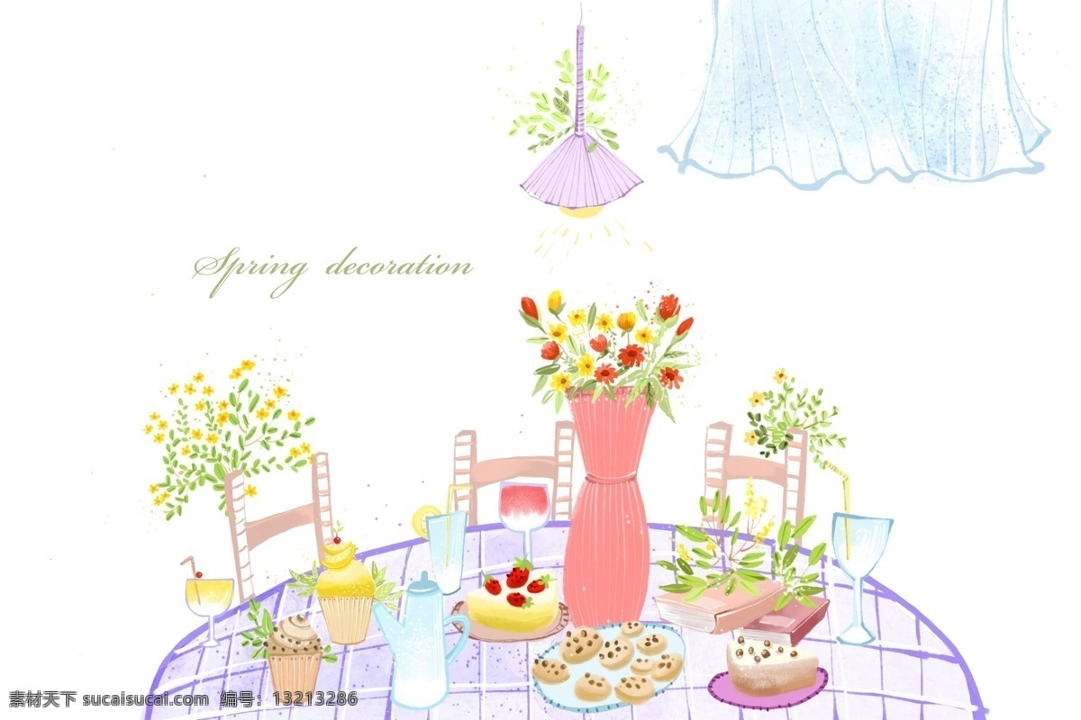 餐桌 上 蛋糕 花卉 物 分层 水彩蛋糕 水彩花卉 餐桌素材 吊灯 白色