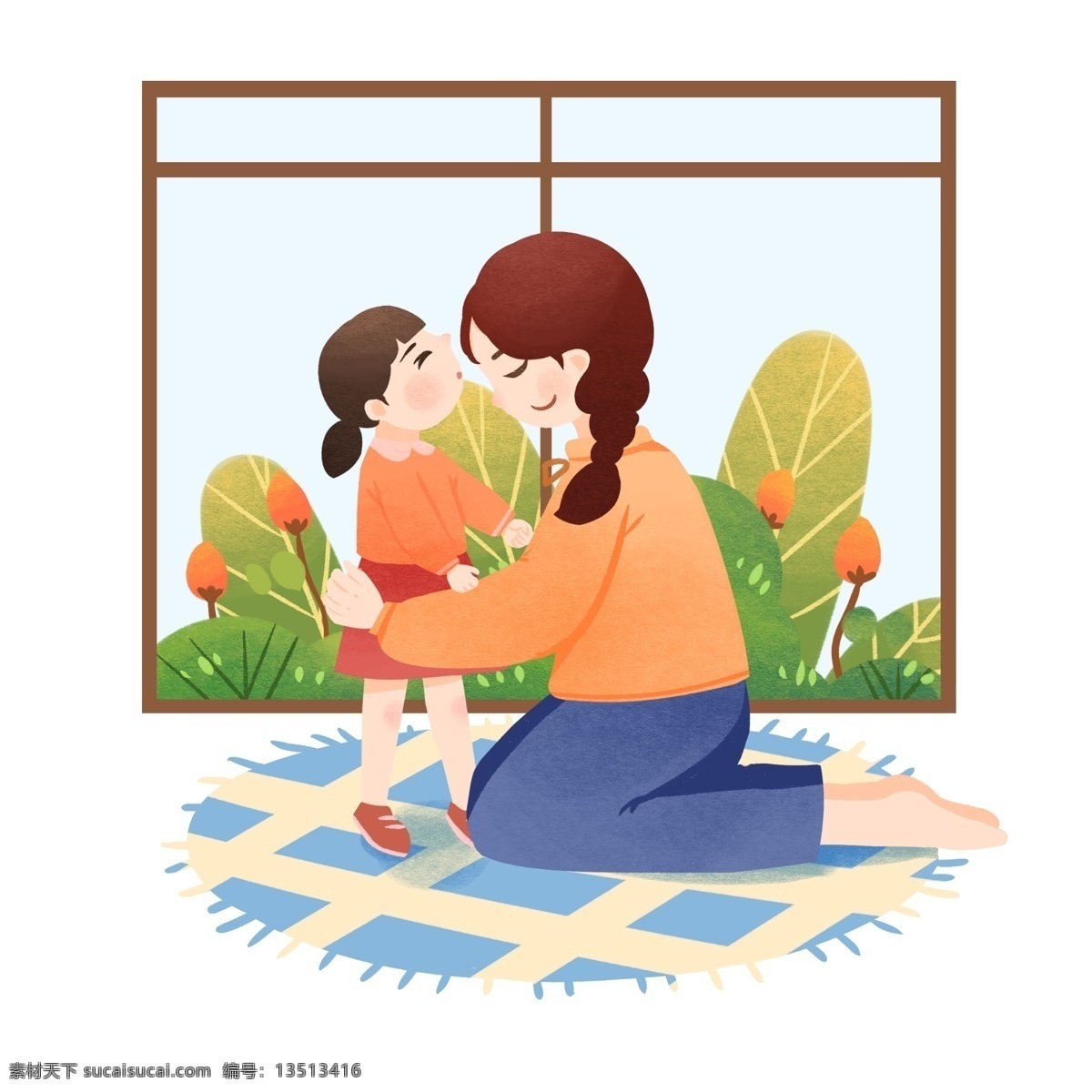 母亲节 人物 装饰 插画 开心的小女孩 漂亮的妈妈 卡通人物 绿色的叶子 植物装饰
