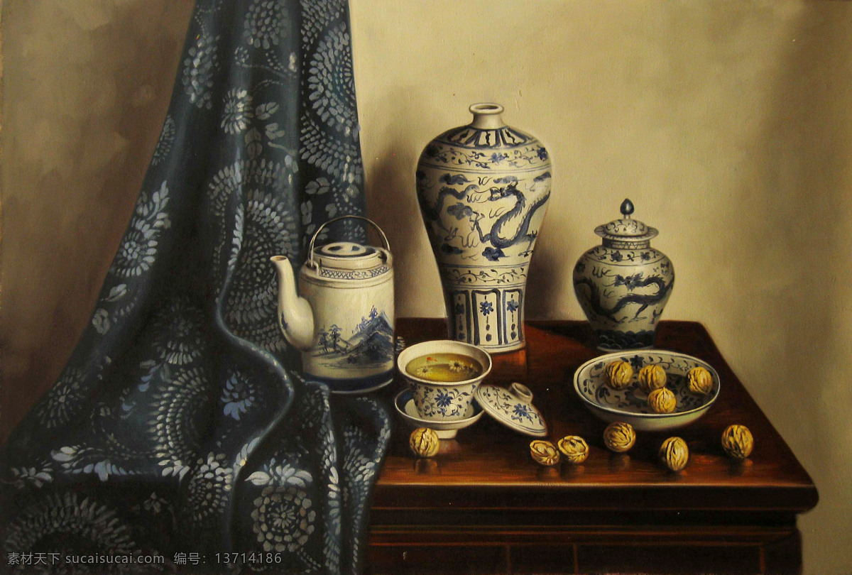 茶杯 茶具 核桃 绘画书法 美术 文化艺术 油画 房间 小景 设计素材 模板下载 房间小景 静物画 陶瓷品 蓝花布 桌子 油画艺术 油画作品51 节日素材 五一劳动节