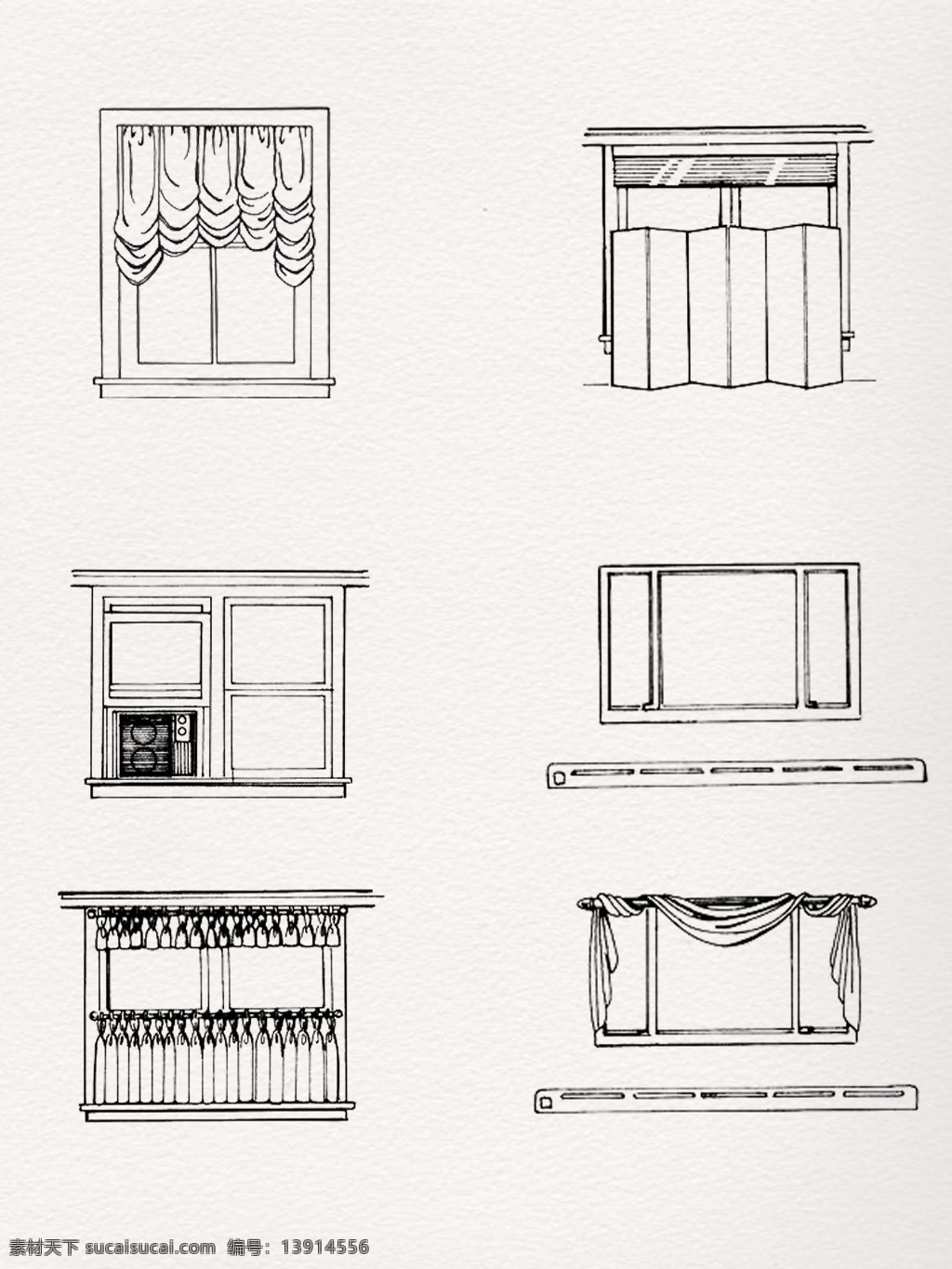 组 简约 式 窗户 窗 窗帘 黑白 素描 元素