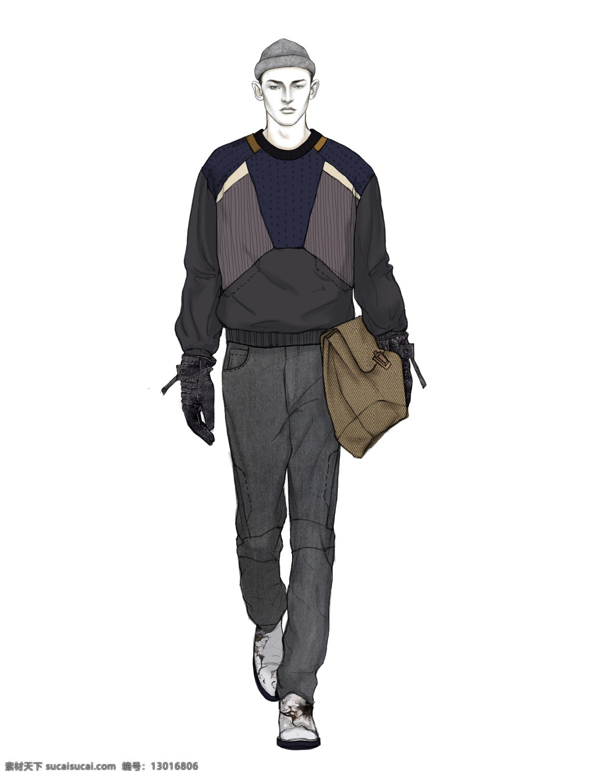 时尚 休闲服 深色 上衣 男装 效果图 服装设计 男装效果图 深灰色裤子 时尚男装