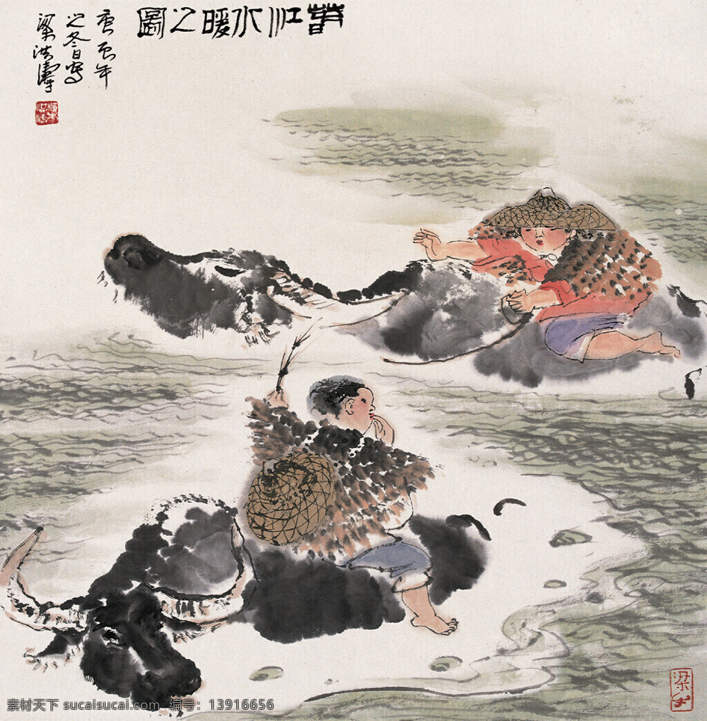 春江 水暖 刺绣 江水 牧童 水牛 中国画 立轴 写意人物画 梁洪涛作品 工艺美术 平面广告 装饰设计 装饰素材 室内装饰用图