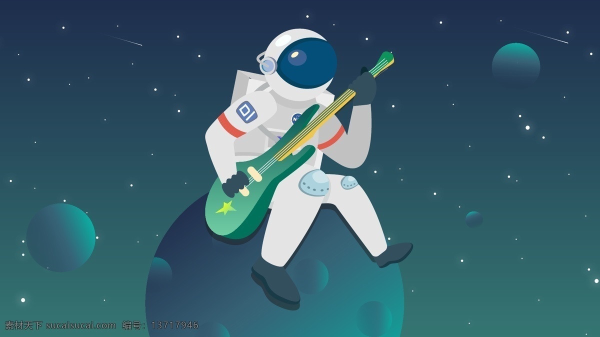 太空人 弹 吉他 原创 插画 科技 科幻 星空 音乐 宇航员 一个人 外太空 幻想 配图