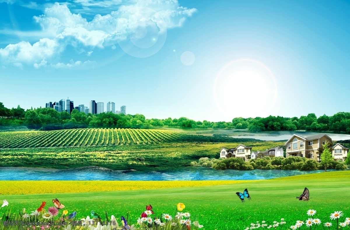 田园城市 河流 原野 花 蝴蝶 云彩 城市 庄园 休闲 新城 田野 房屋 风景 分层 源文件