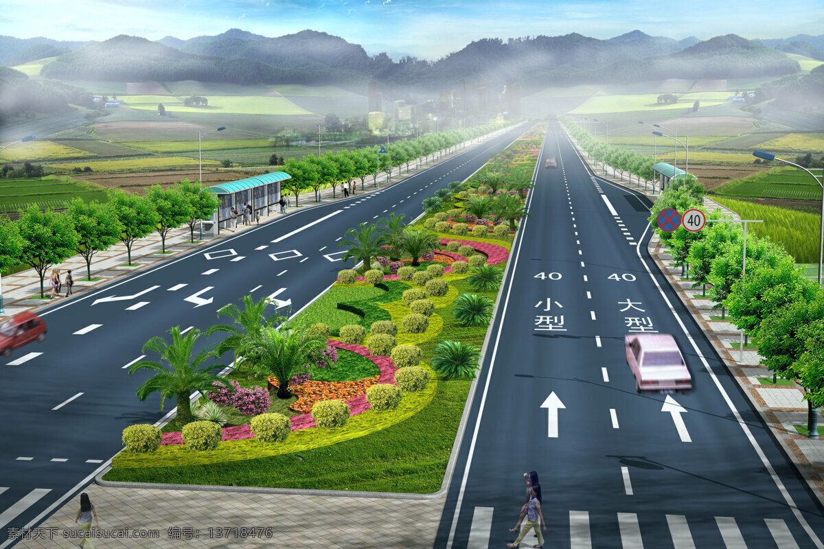 道路 景观 鸟瞰图 园林设计 绿化 隔离带 马路 汽车 效果图 人行道 景观设计 环境设计